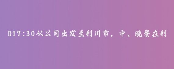 D17:30从公司出发至利川市，中、晚餐在利川市，宿利川市靖苑智能酒店